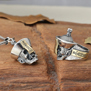 s925纯银饰品创意开口戒指个性泰银大将军到此骷髅头僵尸男士吊坠