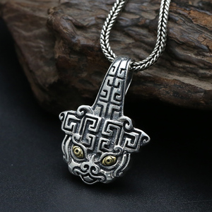 s925纯银饰品泰银复古中国风上古神兽饕餮纹吊坠男女个性项链挂件