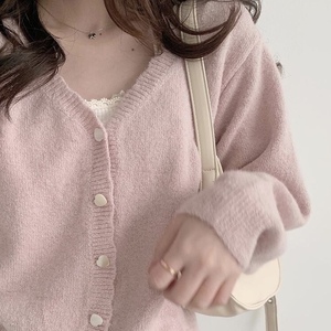 奶fufu的粉色~ 爱心纽扣 短款针织毛衣 韩国复古V领少女开衫外套