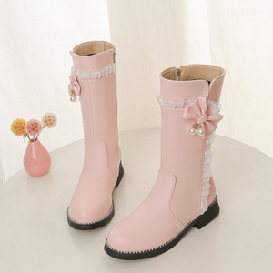 2023冬季加绒中筒靴粉色甜美学生新款骑士靴长靴女靴子低跟高筒靴