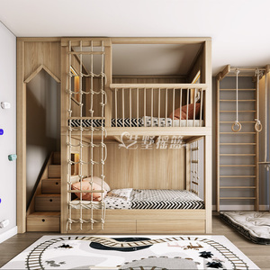 儿童房定制原木上下铺二层阁楼高低床攀爬上下床双层实木屋树洞床