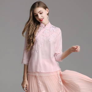 立领中式盘扣上衣女中国风宽松斜襟大码复古刺绣偏襟民国风女装夏