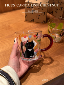 日上三甘小黑猫卡通玻璃杯带把手可爱喝水杯家用耐高温网红杯子高