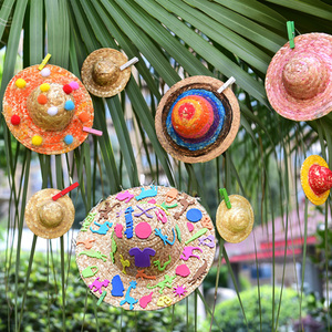 小学幼儿园diy手工美术绘画斗笠草帽竹编帽子走廊楼道吊饰装饰布