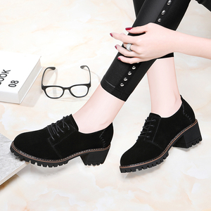 刺玫瑰惠特2020春夏新款圆头粗跟系带纯色真皮单鞋磨砂皮沙色女鞋