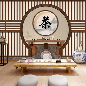 新中式茶道屏风墙纸复古文化茶叶店直播间背景墙装饰茶艺茶室壁纸