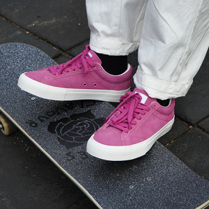 顽刻ollieskate玫红色潮流翻毛皮滑板透气休闲耐磨纯色男女滑板鞋