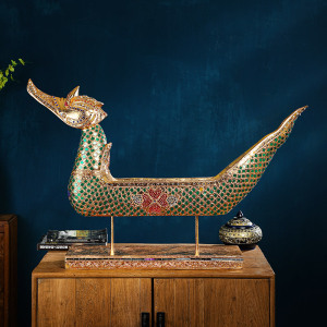 异丽东南亚风格客厅桌面龙舟装饰摆件泰国实木手工雕刻工艺品摆设