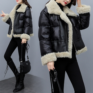 2023新款韩版冬季羊羔毛拼接短外套时尚小个子短款羽绒服女潮加厚