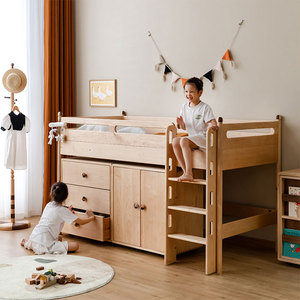 全实木床小户型半高床男孩女孩儿童床带书桌多功能储物柜一体组合