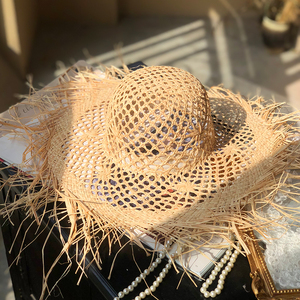 沙滩帽女夏镂空出游大檐帽出行凹造型度假太阳帽手工毛边拉菲草帽