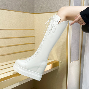 前绑带骑士靴内增高不过膝白色中筒靴12cm超高跟厚底防水台小个子