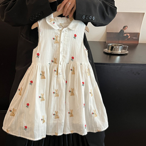 韩系夏季童装24洋气新款女童娃娃领无袖背心裙宝宝兔子刺绣连衣裙