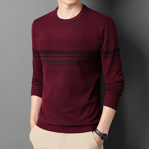 春秋季红色薄款羊毛衫中青年男士圆领纯色休闲针织打底衫毛衣
