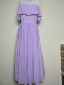淑女坊圆领短袖淡紫色宝蓝色纯色长款连衣裙礼服伴娘修身端庄典雅