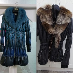 羽绒皮衣 狐狸毛领1:蓝色渐变，豹纹收身羽绒服，羊皮。很暖和