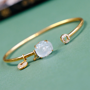 柒府手镯女18k金冰种翡翠a货貔貅开口调节手链镶嵌加工定制设计