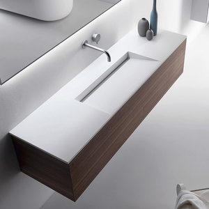 白色岩板一体盆浴室柜定制斜面隐藏下水人造石洗手池洗漱台洗脸盆