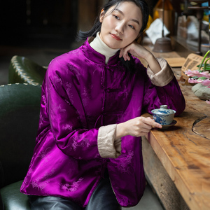 真丝混纺提花缎冬棉衣女上衣冬新中式复古改良唐装女夹棉服外套女