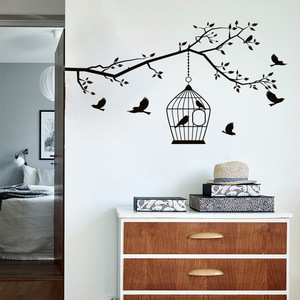 新款LW-D21树枝小鸟鸟笼墙贴卧室客厅家居背景装饰可移除自粘贴纸