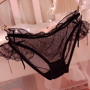 法式复古飞边蝴蝶结小内内新款纯棉裆蕾丝网纱透明甜美性感内裤女