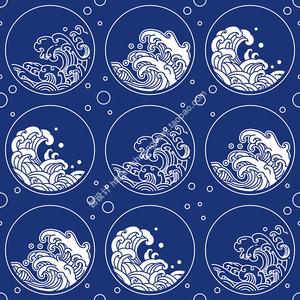 中国风蓝色波纹 圆形浪花海浪风浪花纹图案 ai格式矢量设计素材