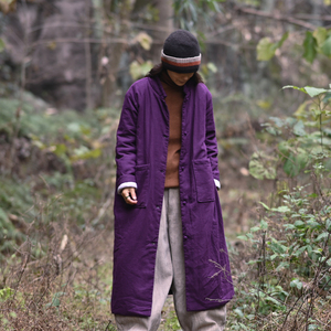 【海桐】男女中式冬棉袍 棉麻盘扣加厚加大长棉衣外套 黑紫棉大衣