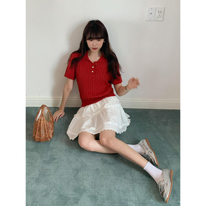 polo麻花针织衫女春季新款韩国复古短袖毛衣小个子红色修身上衣