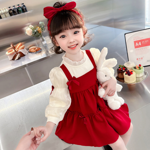 小兔子连衣裙2024春秋季新款假两件背带裙儿童女宝红色长袖公主裙