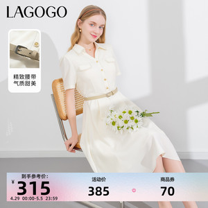 lagogo拉谷谷米色气质工装连衣裙2024夏季新款修身腰带短袖裙子女