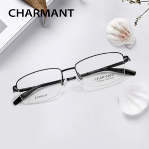 CHARMANT夏蒙男士眼镜框商务休闲半框方形钛架轻CH10382近视镜架