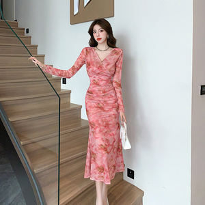 韩国chic秋季法式碎花网纱V领长袖气质鱼尾连衣裙+吊带裙子套装女