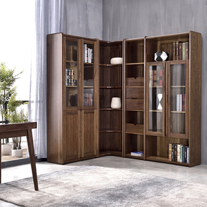 黑胡桃木书架 三门转角书柜组合玻璃门 中式全实木书柜书橱展示柜