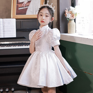 女童礼服新中式儿童主持人花童短裙女孩国风演出服白色旗袍公主裙