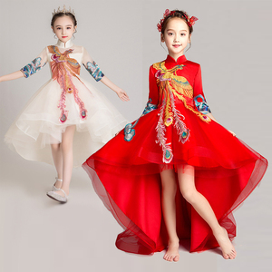 女童中国风礼服高端古筝拖尾演出服儿童新中式走秀主持人凤凰旗袍