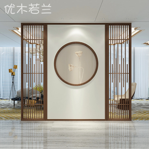 新中式屏风隔断实木客厅进门玄关别墅大堂入户顶天地栅栏背景墙