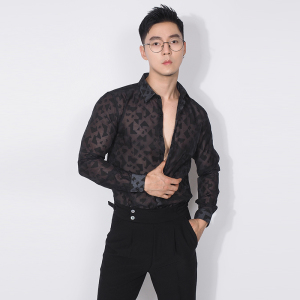 川泽男士薄款尖领长袖衬衫韩版修身时尚个性半透明青年休闲衬衣