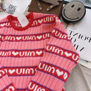 miu字母爱心粉色条纹羊毛衫2020秋冬新款内搭毛衣套头针织短上衣