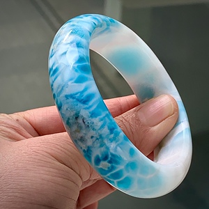 口54-60mm天然海纹石拉利玛lalima手镯天空蓝龟背纹清晰水润明亮