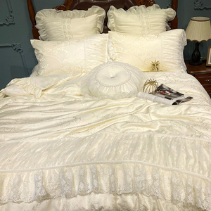 高端法式蕾丝公主风四件套贡缎床上用品奶白色纯棉床裙床罩轻奢