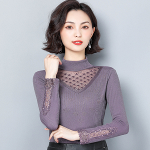 00443人付款淘宝蕾丝打底衫女秋冬长袖洋气2021百搭新款亮丝网纱加绒