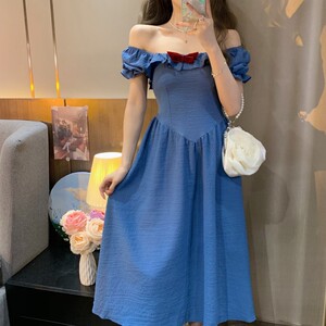 微胖大码孔雀蓝束腰连衣裙女夏季网红茶歇奶甜在逃公主裙长款遮肉