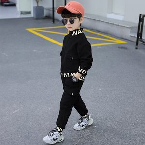 男童米色条纹加绒款秋冬套装2024韩版男孩黑色双层两件套时髦衣裤