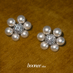Boonee alus原创精致复古珍珠花朵耳钉气质925银针耳饰时尚耳环