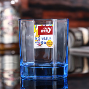 青苹果Y5301B六只装玻璃杯八角蓝色耐热加厚花茶果汁烈酒透明