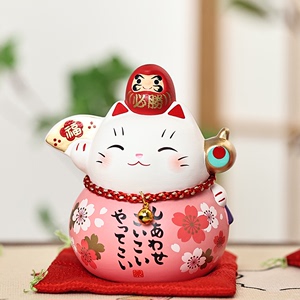 日本进口药师窑达摩招财猫摆件手作彩绘猫咪好运招福吉祥装饰品