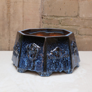 一风堂石湾盆上釉盆新中式景盆窑变陶盆收口八角福纹兽头盆