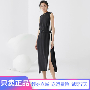 谷邦2022夏气质无袖连衣裙中长款撞色拼接不规则下摆长裙品牌女装
