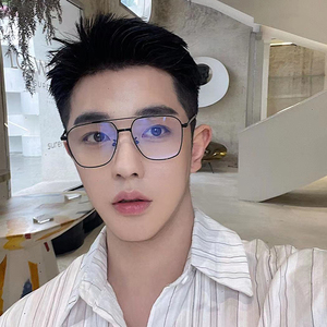 复古黑色双梁眼镜框ins风男潮大脸金属流线大框斯文败类可配近视