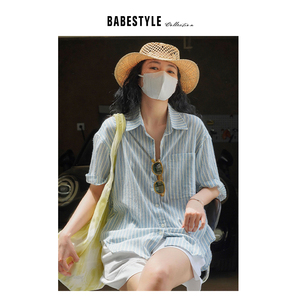 [BABESTYLE]VOL271邻家文艺女孩~首尔复古自然棉麻细条纹宽松衬衫